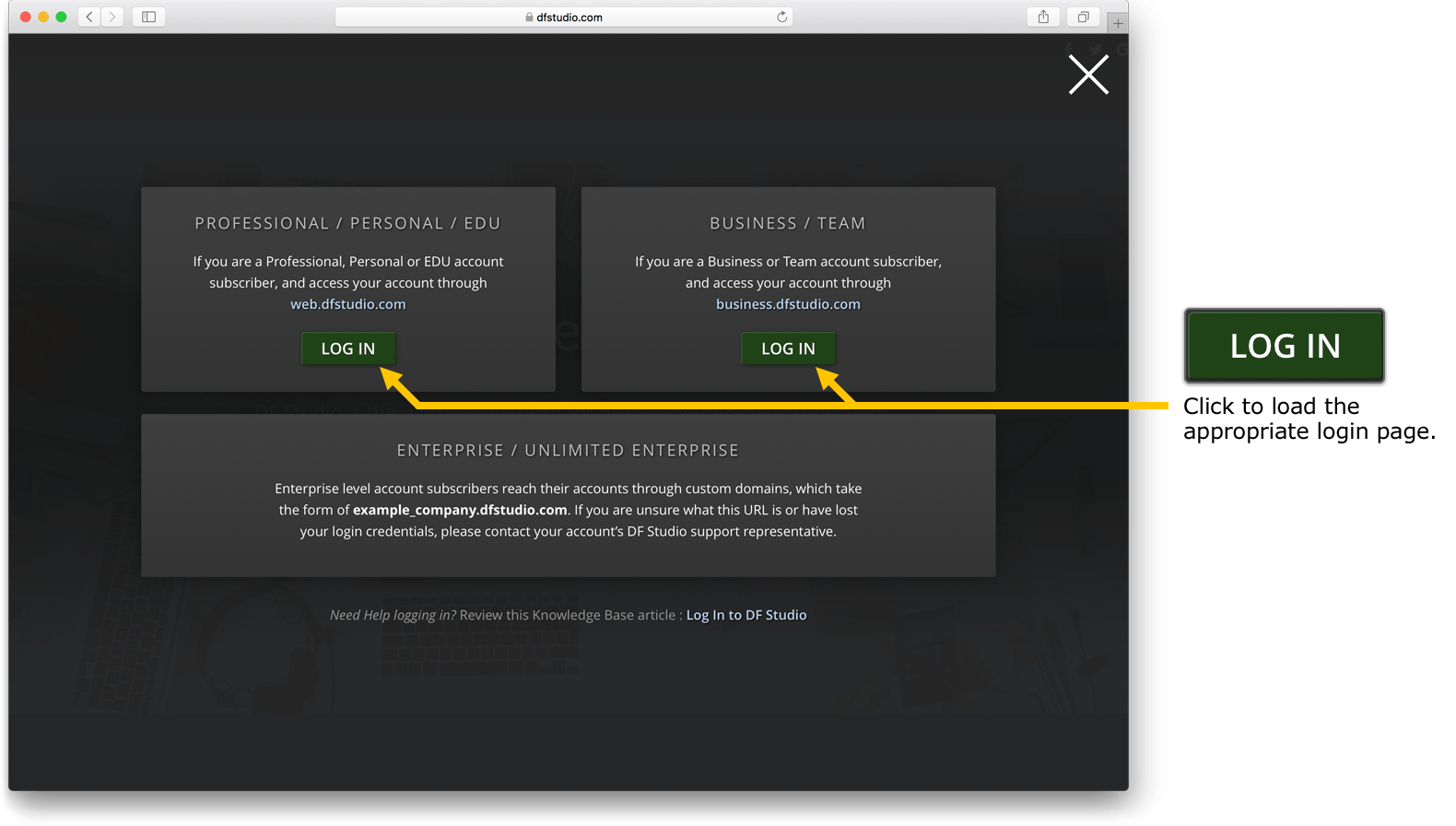 Log In to DF Studio - Knowledge Base